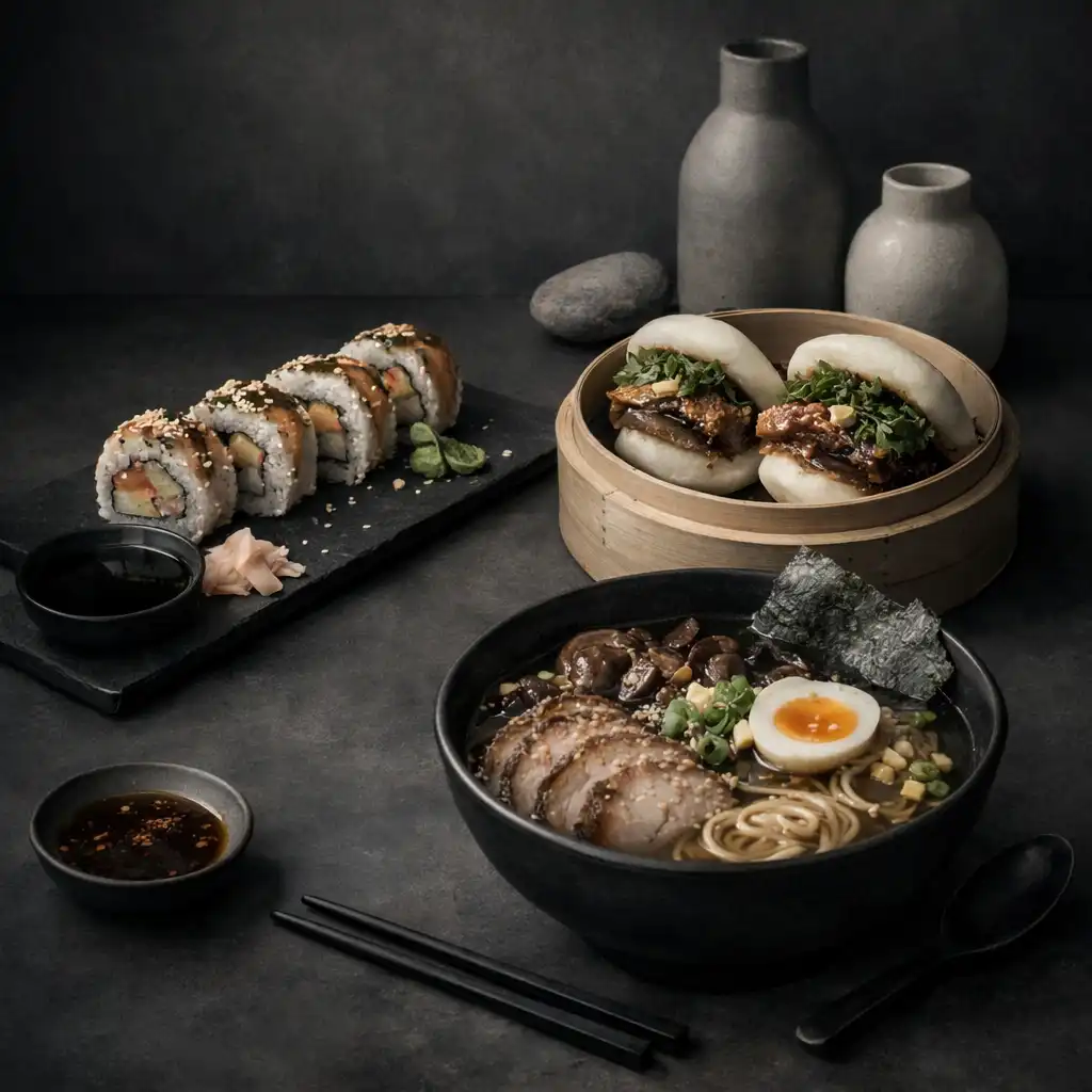 Moderní asijské jídlo: sushi rolky, bao buns, miska ramenu