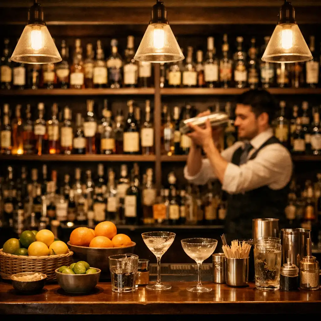 Stylový bar s lahvemi, citrusy a koktejlovými sklenicemi v teplém osvětlení