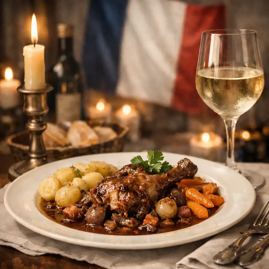Elegantní francouzská večeře: talíř s coq au vin, sklenice bílého vína, svíčka