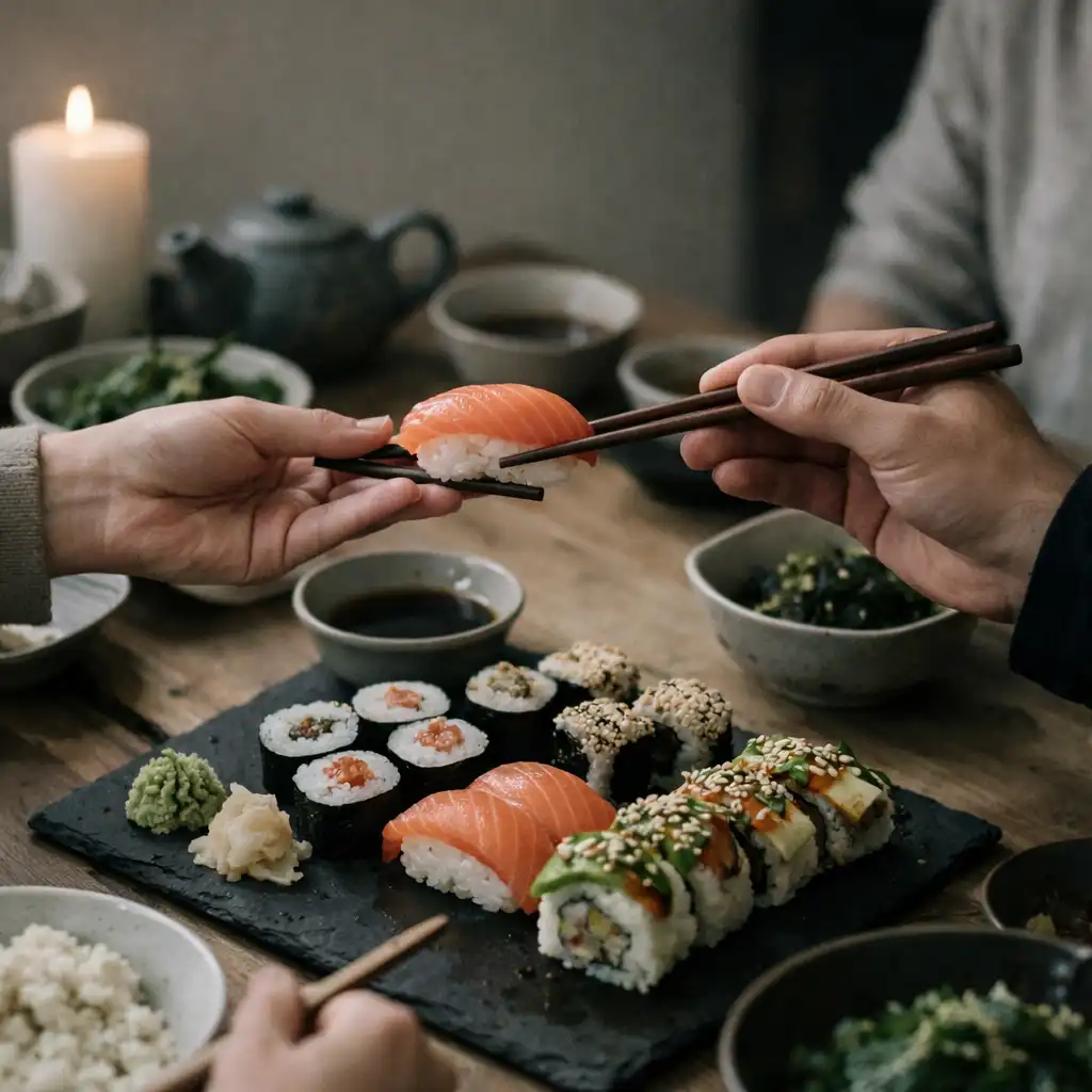 Detailní záběr na asijské jídlo na stole, hosté si podávají sushi