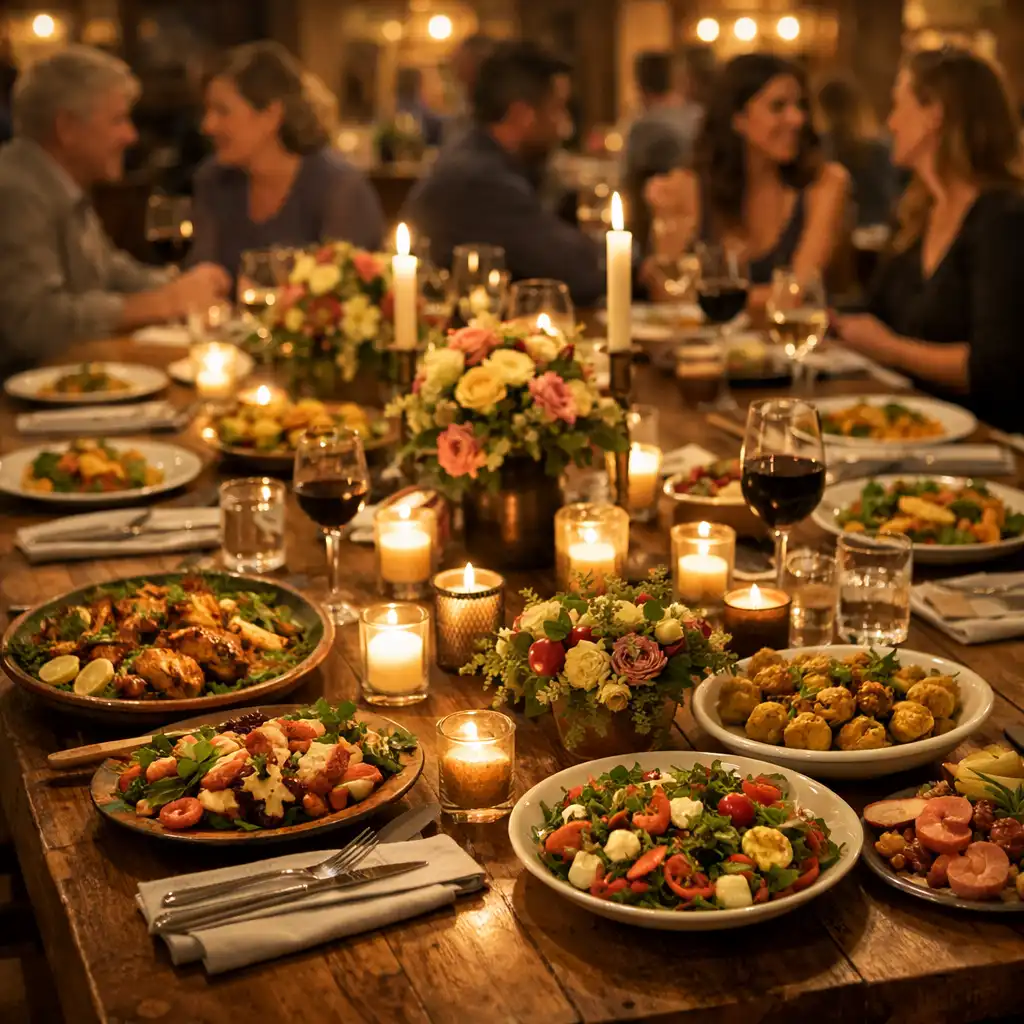 Prostřený stůl pro slavnostní večeři ve Flavor and Feast s hosty v pozadí