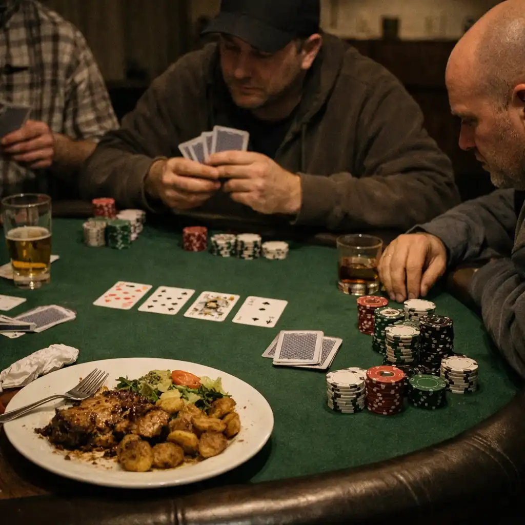 Hráči pokeru u stolu, žetony a karty, vedle talíře s jídlem