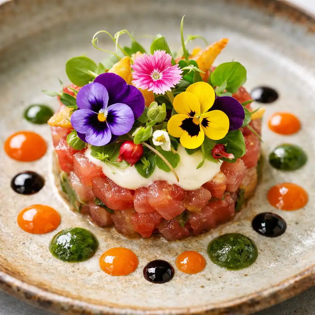 Umělecky naservírovaný předkrm s jedlými květy a mikrobylinkami