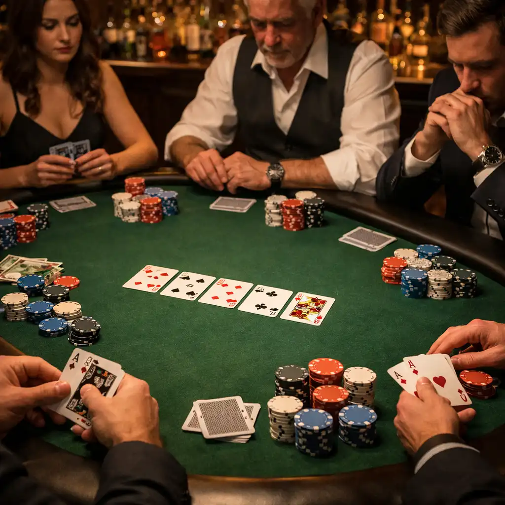 Pokerový stůl s hráči, kartami a žetony