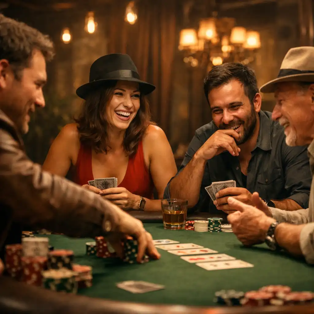 Pohled na pokerový stůl z boku s hráči v akci