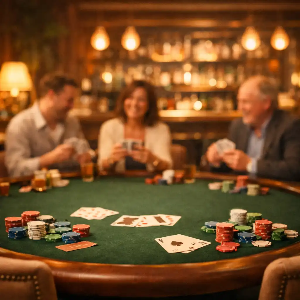 Teplý interiér bistra proměněný v útulný pokerový salon s kulatým stolem, hracími kartami a žetony