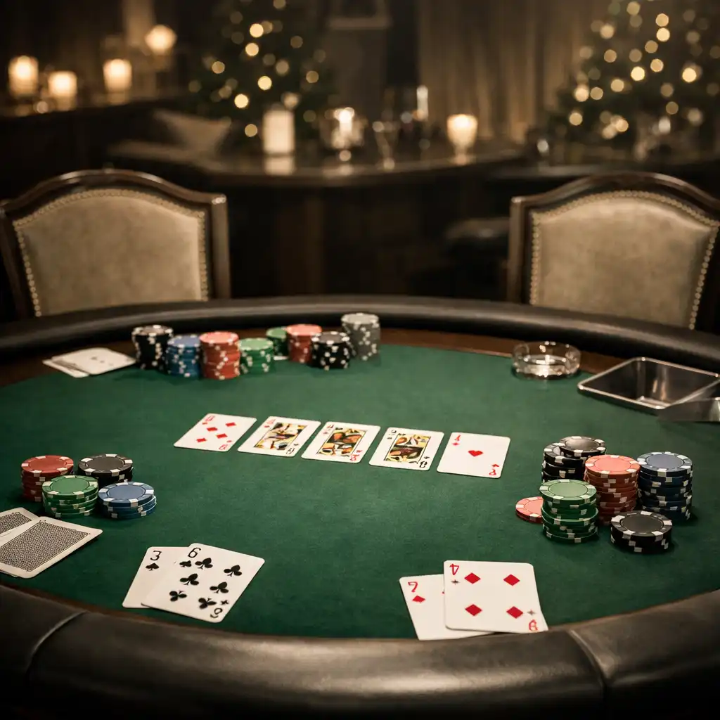 Elegantní pokerový stůl se zeleným plátnem, žetony a kartami ve stylovém salonku