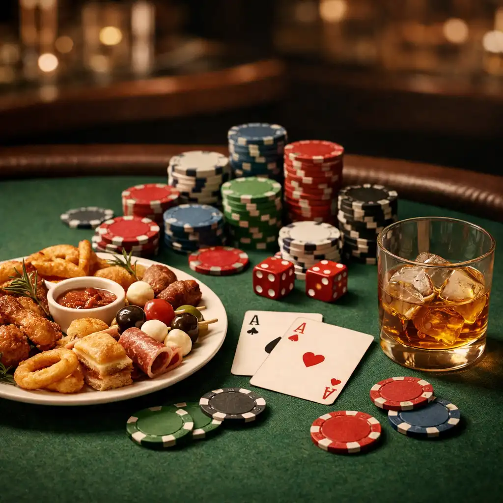 Pokerový stůl s žetony, kartami a sklenkou whisky, vedle talíř s finger food